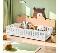 Letto a pavimento per bambini 90 x 200 cm, letto Montessori a pavimento in legno massello di pino con protezione contro le cadute e rete a doghe, letto a sbarre per ragazzi e ragazze, bianco