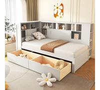 Letto a piattaforma con estraibile, libreria e letto singolo USB, 91 cm, letto per uso domestico, letto multifunzionale con 2 cassetti portaoggetti e scaffali, armadio a piattaforma con estraibile