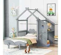 Letto a piattaforma full size con mulino a vento e decorazione floreale, letto a casa da favola con scrivania, recinzioni e due maniglie, nessuna molla richiesta, 194,3 cm L x 192 cm W x 169,2 cm H