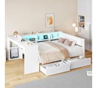Letto a piattaforma in legno a forma di L, 90 x 200 cm, con scrivania e libreria, capitano ad angolo con testiera imbottita, cassetti sotto il letto, luce LED - bianco (140 x 200)