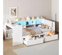 Letto a piattaforma in legno a forma di L, 90 x 200 cm, con scrivania e libreria, con testiera imbottita, cassetti sotto il letto, luce LED - bianco (90 x 200)