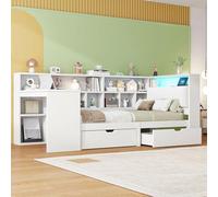 Letto a piattaforma in legno a forma di L, 90 x 200 cm, con scrivania e libreria, letto da capitano ad angolo con testiera imbottita, cassetti sotto il letto, luce LED - bianco