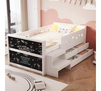 Letto a piattaforma per bambini 90×200 con illuminazione a LED, Lavagnetta Creativa, Cassetti e uno Sgabello,Sponde con motivi traforati a forma di Stelle e lune, Strutture letto per Cameretta ragazzi