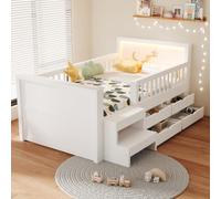 Letto a piattaforma per bambini 90x200 con illuminazione a LED, Cassetti, Scaletta e Sponde di Sicurezza, Testiera con motivi traforati a forma di Stelle e Lune, Strutture letto per Cameretta ragazzi