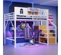 Letto a soppalco 1 posto in ferro 140 x 200 cm, letto a castello per adulti, letto a soppalco con scrivania, letto per bambini con contenitore, bambino con barriera, soppalco scala, spazio di