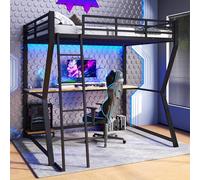 Letto a soppalco 140 x 200 cm con luce d'atmosfera telecomandata e pres USB, letti a castello con scrivania e ripiano consolle computer, protezione anti-caduta, telaio letto in ferro per adolescenti