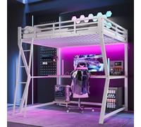 Letto a soppalco, 140 x 200 cm, con luci LED, scrivania e presa USB, bianco | Letto per bambini con ripiano per console per computer, ringhiera e scale, letto matrimoniale con rete a doghe in metallo