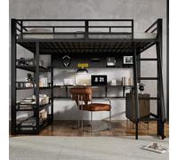 Letto a soppalco 140 x 200 cm, letto in ferro con ripiani e molto spazio, dotato di porta di ricarica, scala inclinata a quattro livelli, può appendere oggetti, ferro + truciolato, nero