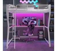 Letto a Soppalco 140 x 200 per Bambini e Adulti con LED, Letto a Castello in Ferro con Mensola per Computer, Scrivania, Presa di Corrente + USB, Struttura Letto con Ringhiera, Scale(Bianco)