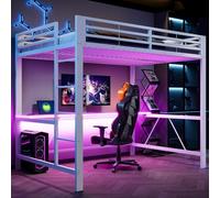 Letto a soppalco 140x200 con striscia led,USB,letto a castello bambini con scrivania Salvaspazio,Struttura letto in metallo da gioco con sponda,Senza materasso,atto a camere da letto,ecc(Bianco)