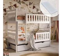 Letto a soppalco 80 x 180 cm, 90 x 200 cm, con 2 materassi e 2 cassetti, letto a castello con protezione anti-caduta e rete a doghe, trasformabile in due lettini, in legno massiccio bianco, letto