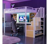 Letto a soppalco 90 × 200 cm, con ripiano, scrivania, presa europea e illuminazione a LED, scala di stoccaggio integrata (montato a sinistra/destra), griglia di protezione alta, letto singolo, telaio