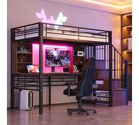 Letto a soppalco 90 × 200 cm, con ripiano, scrivania, presa europea e illuminazione a LED, scala di stoccaggio integrata (montato a sinistra/destra), alta griglia di protezione, letto singolo, telaio