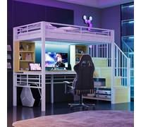 Letto a soppalco 90 × 200 cm, con ripiano, scrivania, presa europea e illuminazione a LED, scala di stoccaggio integrata (montato a sinistra/destra), alta griglia di protezione, letto singolo, telaio