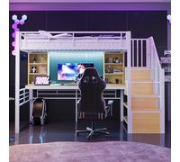 Letto a soppalco 90 × 200 cm, con ripiano, scrivania, presa europea e illuminazione a LED, scala di stoccaggio integrata (montato a sinistra/destra), griglia di protezione alta, letto singolo, telaio