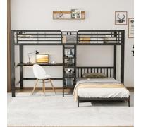 Letto a soppalco 90 x 200 cm, 2 letti, scrivania, scala portaoggetti, EN747 | Due letti da 90 x 200 cm e scrivania a L: nessuna controversia per lo spazio. La scala portaoggetti mantiene l'ordine testata