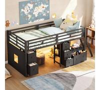 Letto a soppalco (90 x 200 cm) con 7 cassetti e illuminazione a LED, colore: nero