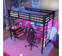 Letto a soppalco 90 x 200 cm con luci a LED da scrivania presa USB 3 cassetti, ringhiera scale senza materasso nero