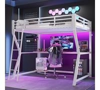 Letto a soppalco, 90 x 200 cm, con luci LED, scrivania e presa USB, bianco | Letto per bambini con ripiano per console per computer, ringhiera e scale, letto singolo con rete a doghe in metallo