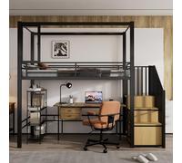 Letto a soppalco 90 x 200 cm, letto in ferro + MDF, scala con un armadio e ripiani, pannello acrilico per finestra con attrazione magnetica, colore nero + naturale