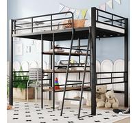 Letto a soppalco 90 x 200 cm, senza materasso, letto con scrivania, mensole multiple, ringhiera, scala, telaio in ferro, nero