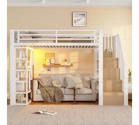 Letto a soppalco 90 x 200 cm, telaio in ferro, vano portaoggetti, gradini integrati, ringhiera di protezione, scala, con striscia luminosa a LED, spazio aperto sotto il letto, materasso non incluso