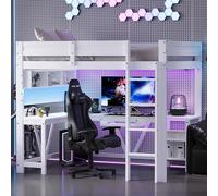 Letto a soppalco 90x200 cm con striscia led e USB,letto a castello con scrivania gaming,vano contenitore,letto singolo bambini con ricarica,più scomparti,struttura in legno,Senza materasso,Bianco