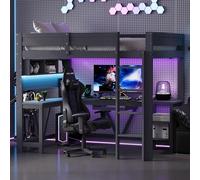 Letto a soppalco 90x200 cm con striscia led e USB,letto a castello con scrivania gaming,vano contenitore,letto singolo bambini con ricarica,più scomparti,struttura in legno,Senza materasso,Grigio