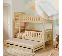 Letto a soppalco 90x200 letto per ragazzi letto a castello per 3 bambini con 2 cassetti letto per bambini trasformabile in 3 letti singoli | da 4 a 18 anni | incl. reti a doghe e 3 materassi | natura