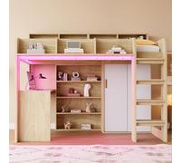 Letto a Soppalco 90x200cm con illuminazione a LED e Presa di Corrente, Scrivania e Armadio, Mobile Contenitore e Vani Portaoggetti, Struttura del letto in Legno con Rete a doghe (Senza Materasso)