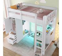 Letto a Soppalco 90x200cm con Luce a LED e Porta USB, 4 Cassetti e 1 Mobile Contenitore, Scrivania Sottoletto, Armadio Aperto, Struttura in Legno, Letto a Castello per Adolescenti (senza materasso)