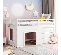 Letto a soppalco con armadio e ripiano, letto funzionale in legno con guardrail di sicurezza a tutta lunghezza e scala integrata, senza bisogno di molle box, 196,6 x 102,9 x 104,9 cm (lunghezza x