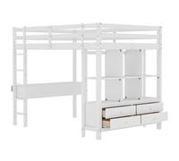 Letto a soppalco con scaffale da scrivania e 6 grandi cassetti, telaio in legno di pino MDF, scala integrata e ringhiera di sicurezza, letto multifunzionale salvaspazio (bianco, 140 x 200 cm)