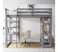 Letto a soppalco con scala in legno massello 140 x 200 cm, con tavolo e scaffali, con semplici ganci e ripiani, in laminato, lettini per bambini, letti matrimoniali (grigio)