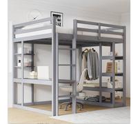 Letto a soppalco con scala in legno massiccio, 140 x 200 cm, con tavolo e scaffali, con semplici ganci e ripiani, laminato, lettini per bambini, letto matrimoniale, grigio