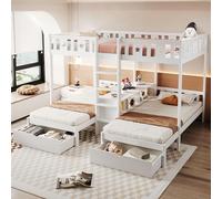 Letto a soppalco con scala, vano portaoggetti e due cassetti, ringhiera di sicurezza con design a stella e luna, letto superiore 140 x 200 cm, letto inferiore 90 x 200 cm, telaio del letto in legno