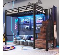 Letto a soppalco con scale, letto a soppalco, 90 x 200 cm, telaio in ferro, armadio, scala per appendere oggetti, spazio libero sotto il letto, luci a LED a 7 colori, senza materasso (nero)