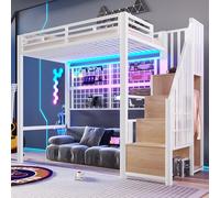 Letto a soppalco con scale, letto a soppalco, 90 x 200 cm, telaio in ferro, armadio, scala per appendere oggetti, spazio libero sotto il letto, 7 luci LED a 7 colori, senza materasso (bianco)
