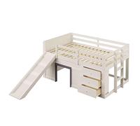 Letto a soppalco con scivolo e spazio di archiviazione, struttura in legno massello MDF, 3 cassetti e 2 ante, rete a doghe da 15 pezzi, mobili multifunzionali con zona giochi e notte (crema, 140 x 200