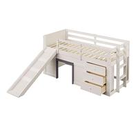 Letto a soppalco con scivolo e spazio di archiviazione, struttura in legno massello MDF, 3 cassetti e 2 ante, rete a doghe da 15 pezzi, mobili multifunzione con zona giochi e notte (crema, 90 x 200 cm