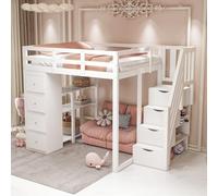 Letto a soppalco da 140 x 200 cm, con vano portaoggetti, cassetti e scaffale, per ragazzi, bianco
