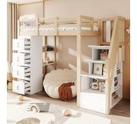 Letto a soppalco da 90 x 200 cm, con vano portaoggetti, cassetti e scaffale, per bambini, colore naturale