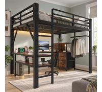 Letto a soppalco da gaming, 140 x 200 cm, in metallo, marrone e nero, con | Con 7 cassetti in tessuto, prese UE e asta appendiabiti, il letto a soppalco offre uno spazio versatile e uno spazio di