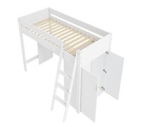 Letto a soppalco dal design moderno con base da scrivania, robusto telaio in legno, scala funzionale, fusibile perimetrale, ampio spazio nel corpo autoportante, soluzione ottimizzata per lo spazio