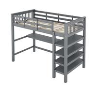 Letto a soppalco in legno di pino e MDF con scrivania e ripiani integrati, salvaspazio con ringhiera sicura, multifunzionale per camera da letto (grigio, 90 x 200 cm)