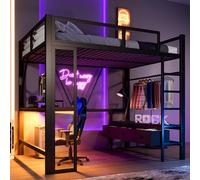 Letto a Soppalco in Metallo 140 x 200cm, Letto di ferro con USB e LED, Scrivania, Armadio Aperto e 3 Cassetti per la Biancheria, Struttura Letto Singolo per bambini e Adolescenti,Nessun materasso,Nero