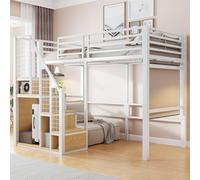 Letto a Soppalco in Metallo con Scala e Ripiani, Bianco, 90x200 cm