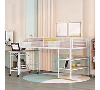 Letto a soppalco in metallo con scrivania facile da spostare e libreria a due livelli, guardrail a tutta lunghezza e supporto a doghe sulla parte superiore, senza bisogno di molle, 196,1 cm di
