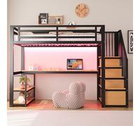 Letto a soppalco in metallo90*200con striscia LED e presa, scaletta contenitore,ripiani e tavolo,recinzione di sicurezza,letto con struttura in ferro alta e telaio in metallo per un supporto stabile