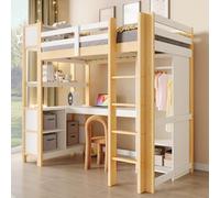 Letto a Soppalco in Pino con Scrivania e Armadio, Naturale, 90x200 cm